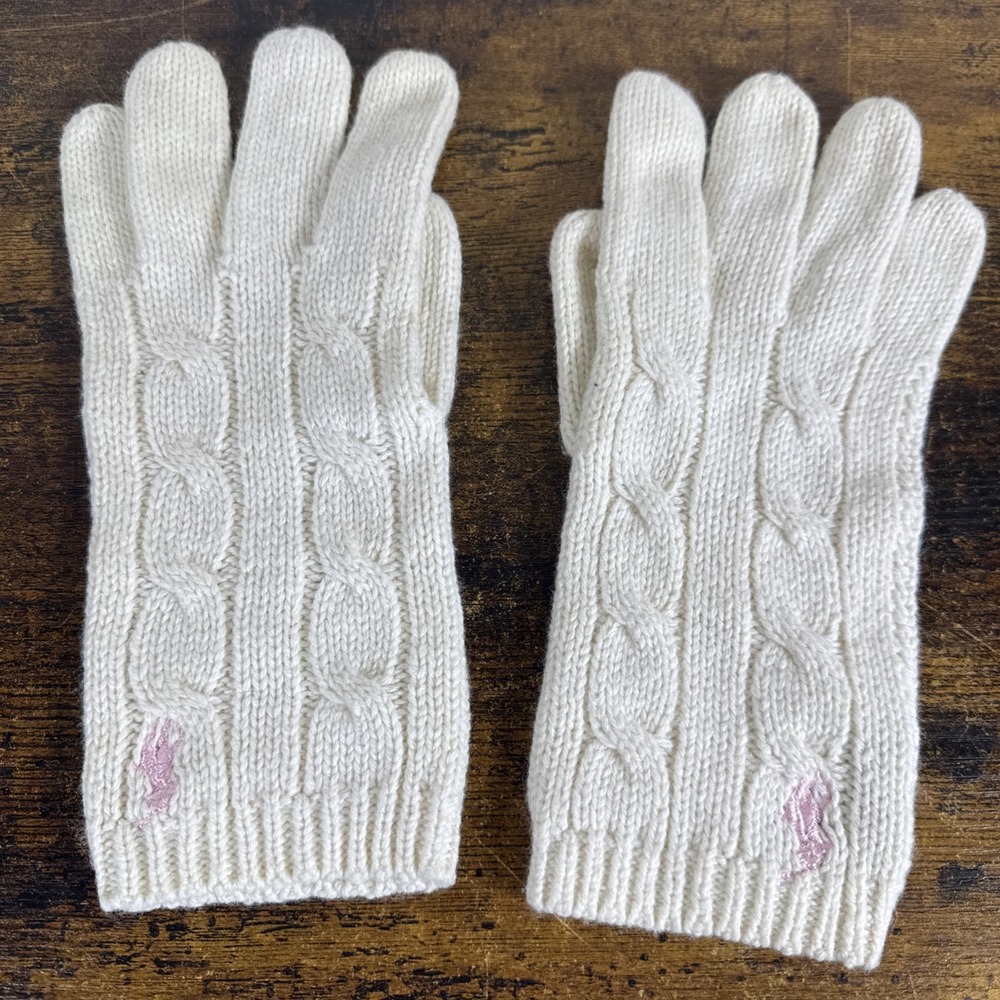 Lauren Ralph Lauren Ivory Cable Knit Gloves Cotton Wool Pink Logo One Size NEW
